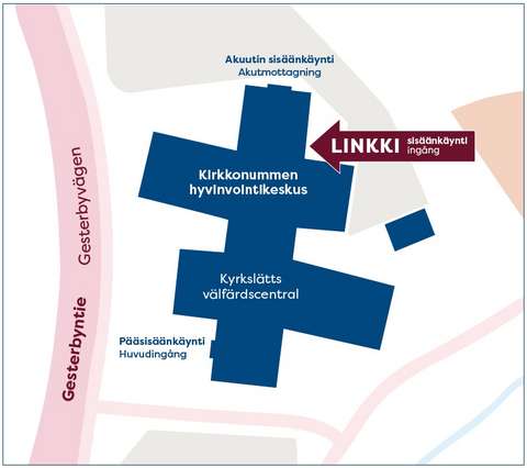 Linkki terveysneuvontapisteen sisäänkäynti on Akuuttivastaanoton vasemmanpuoleisella ulkoseinustalla. 