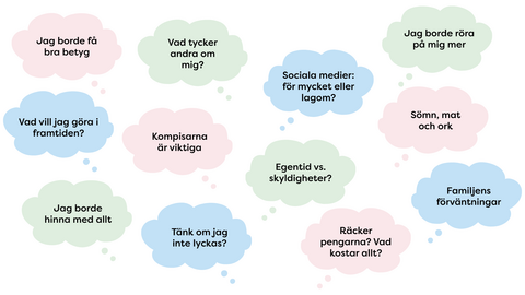 Tankebubblor som beskriver belastningsfaktorer i vardagen. I bubblorna lyfts bland annat tankar och krav kopplade till skolprestationer, kompisrelationer, framtiden, familjens förväntningar, sociala medier, ork och ekonomi fram.